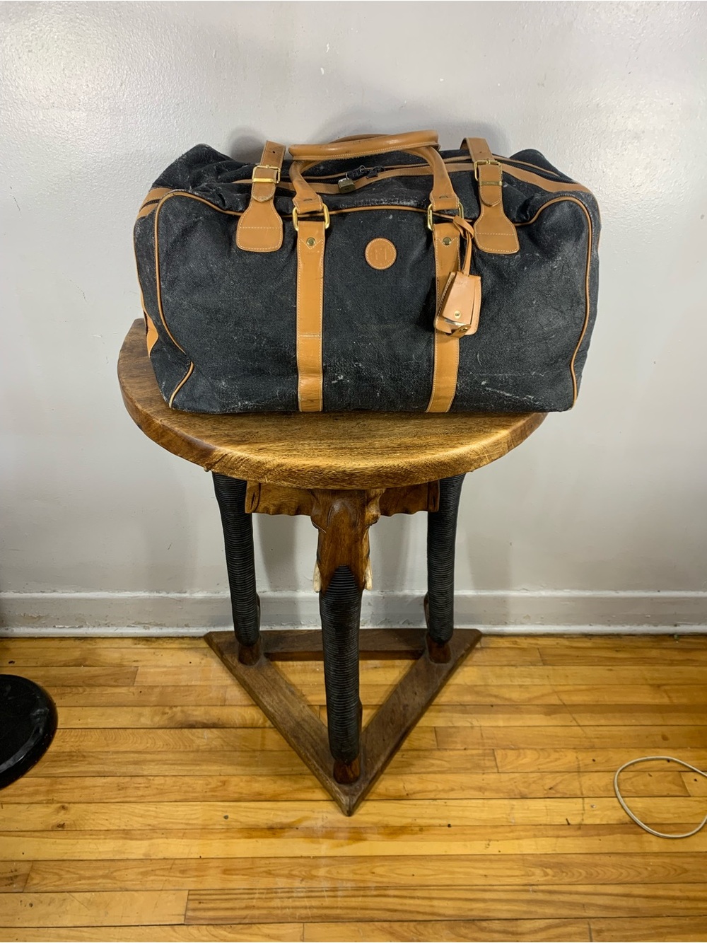 Vintage Fendi Roma Italy Large duffel bag black Canvas tan leather lock & Keys